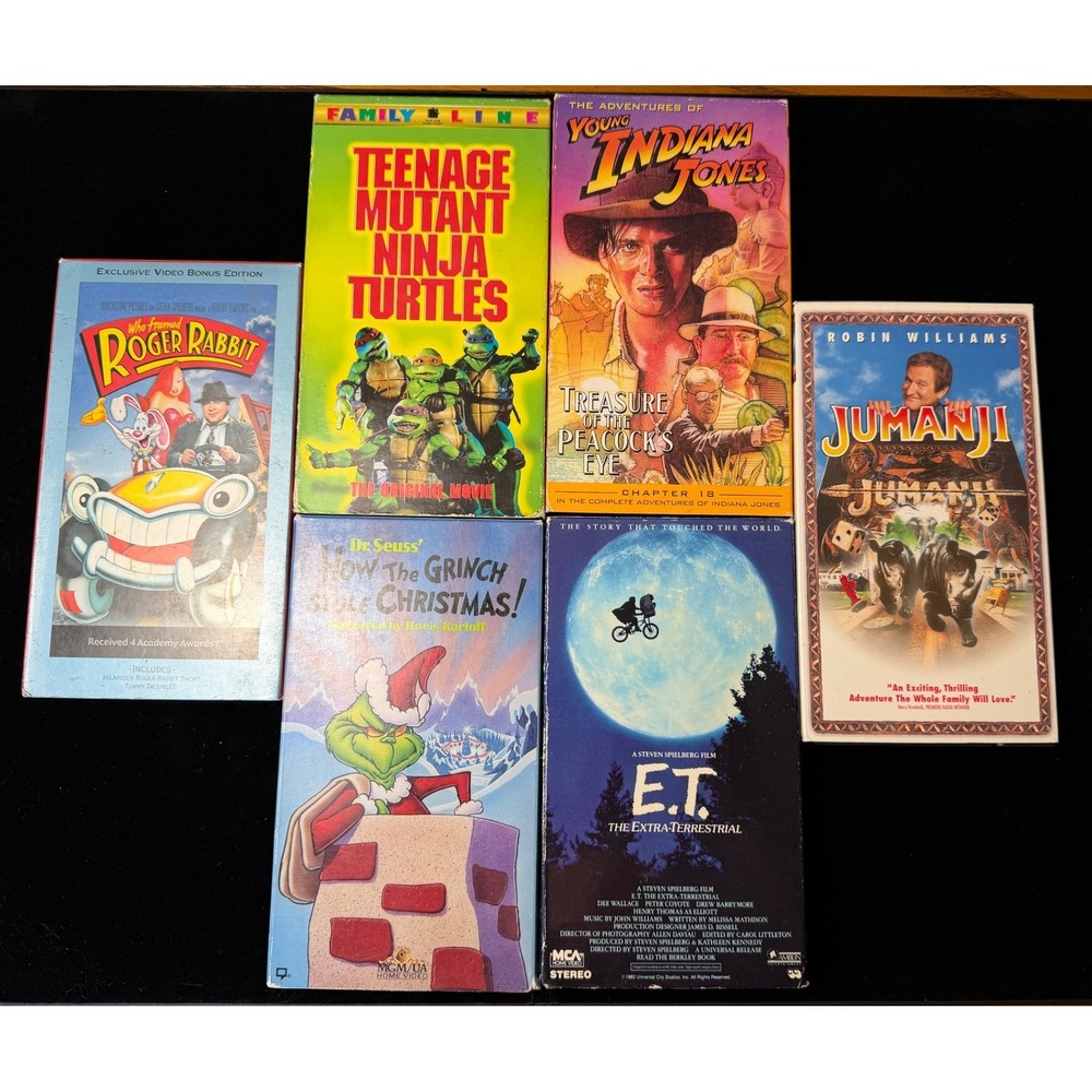 Vintage 6 VHS Movie Lot: ET, TMNT, Jumanji, Roger Rabbit, Grinch, Indiana Jones